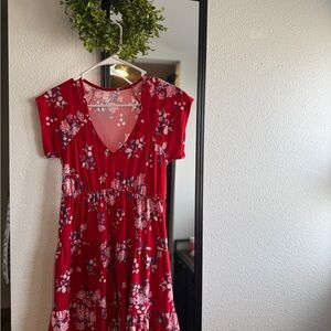 Floral Red Dress with Short Sleeves